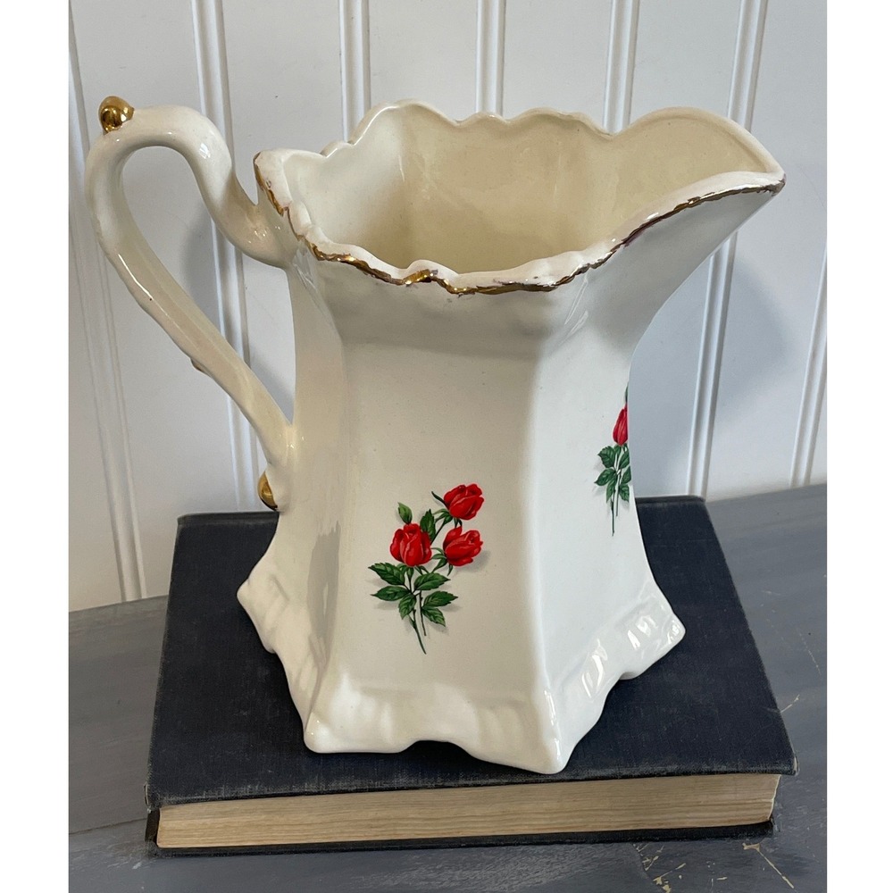 Vintage 1978 Hand Painted Red Rose Ceramic Pitcher Gold Trim Hexagonal 70s‎ Vase